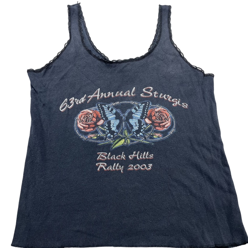 Vintage American Biker Tank Top Womens Large Black Sturgis Rally 2003 Graphic